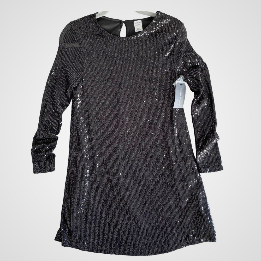 Melrose‎ and Market Black Sequin Long Sleeve Shift Mini Dress Small RN58665
